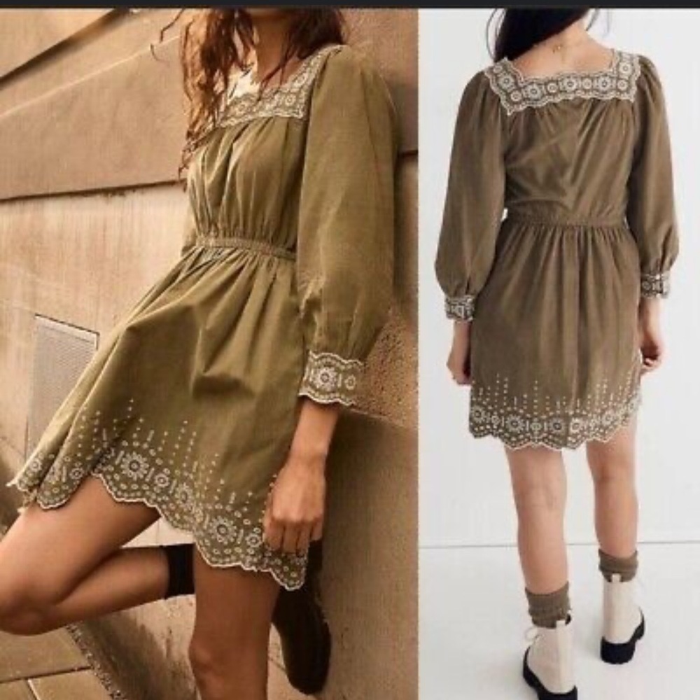 Madewell Embroidered corduroy olive green square neck mini dress‎ Sz PL new